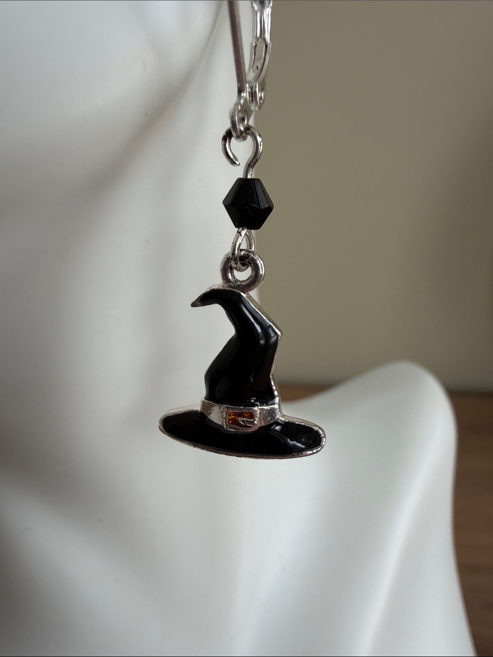 HAND CRAFTED BLACK WITCH HAT ENAMEL EARRINGS Halloween Crystal Dangles